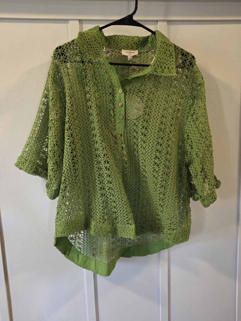 Umgee Lime Green Crochet Button-Down Polo Top